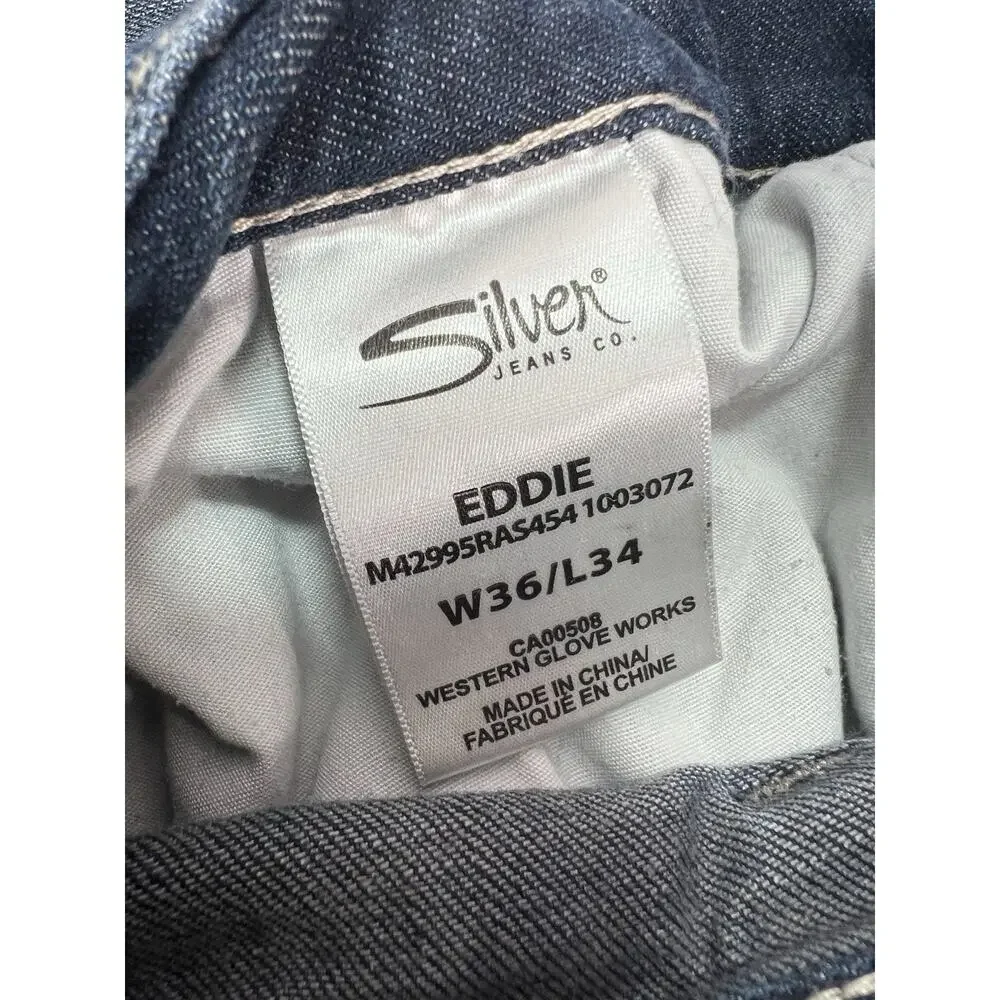 Silver Eddie Dark Wash Stretch Men’s Blue Jeans Size 36x34
